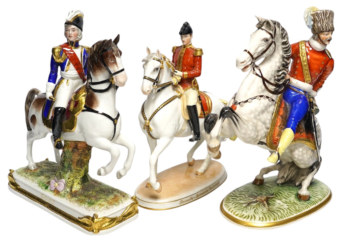 A group of eight Italian porcelain figures on horseback, tallest 30cm. Condition - fair